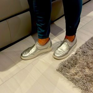 Donna Karan NY- Slip on Sneakers Size 7.5 Metallic Leather Silver